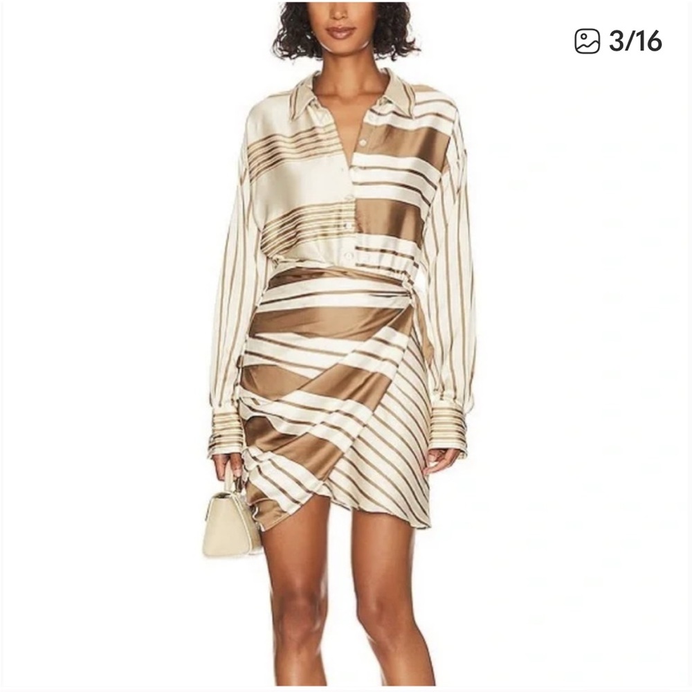 L'Academie Beige and Brown Striped Long Sleeve Dress